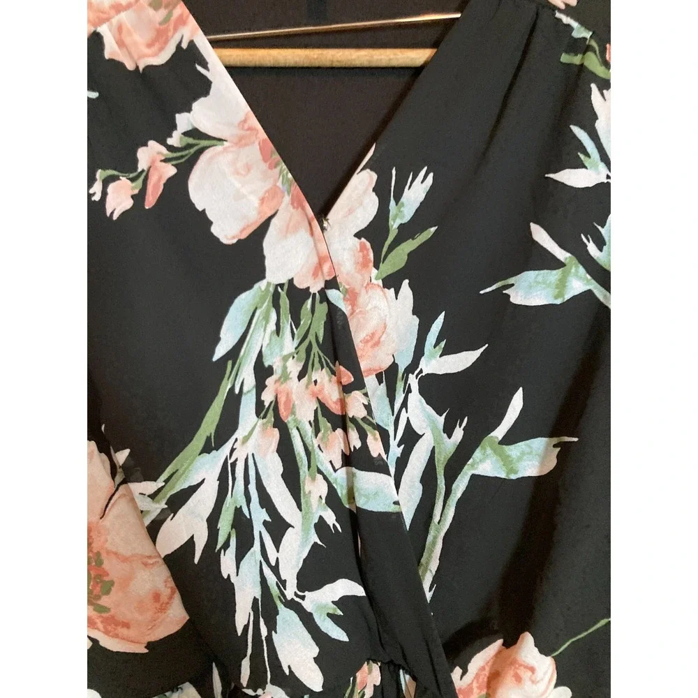 Luxology Dress Womens 14 Dark Romantic Floral Belted Cinched Sleeves Tropical - Picture 3 of 12